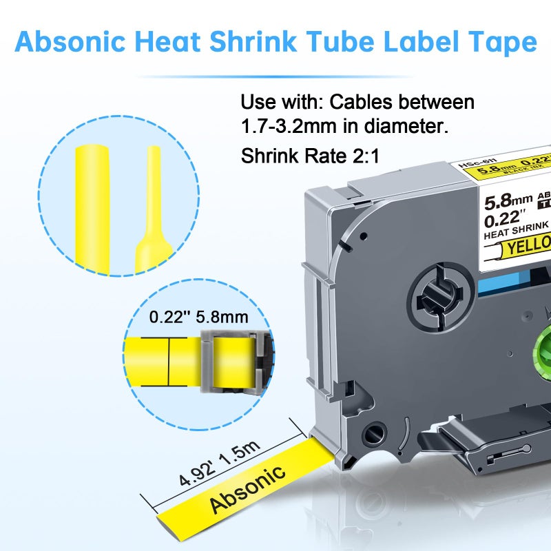 Absonic 3-Pack Compatible Heat Shrink Label Tape Replacement for Heat Shrink Tube HSe-611 HS611 HSe611 5.8mm Black on Yellow Tape for PTouch PT-E300 PT-E500 PT-E550W P750WVP E800W Label Maker - Image 2